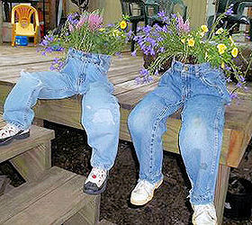 my facebook fans shared their favorite planters here are my favorite, crafts, gardening, Kecia shared these jean planters that she made from her son s jeans for mother s day gifts