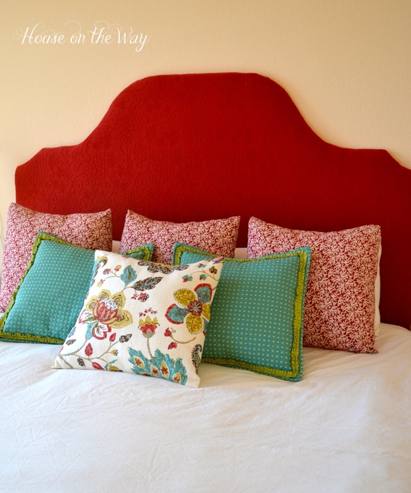 diy fabric covered king size headboard, painted furniture, reupholster, The DIY fabric covered headboard is mounted to the wall with 2 french cleats