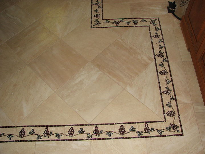 new kitchen floor, flooring, tile flooring, tiling, moaic border