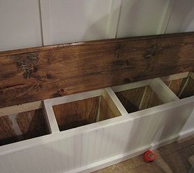 adding a mudroom to our garage, garages, home improvement, laundry rooms, This is our shoe storage bench that I LOVED The boys each had a box to put their shoes in