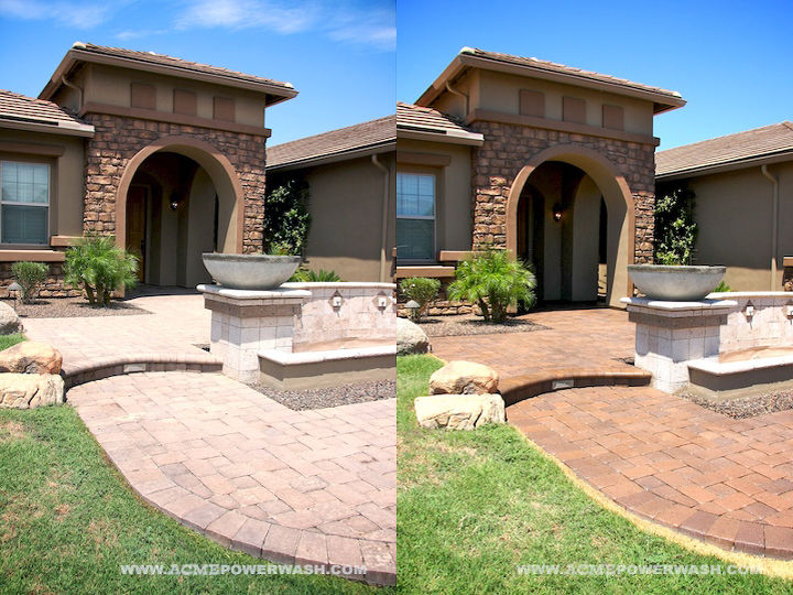 cleaning and sealing pavers, cleaning tips, concrete masonry, Paver Walkway Entry before and after being cleaned and sealed