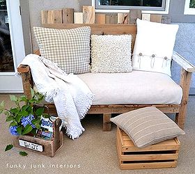 a collection of all my outdoor sitting areas, home decor, outdoor living, patio, porches, My funky little pallet sofa that I use every single day is under a covered porch It s comfy original and a great place for a long lazy read more at