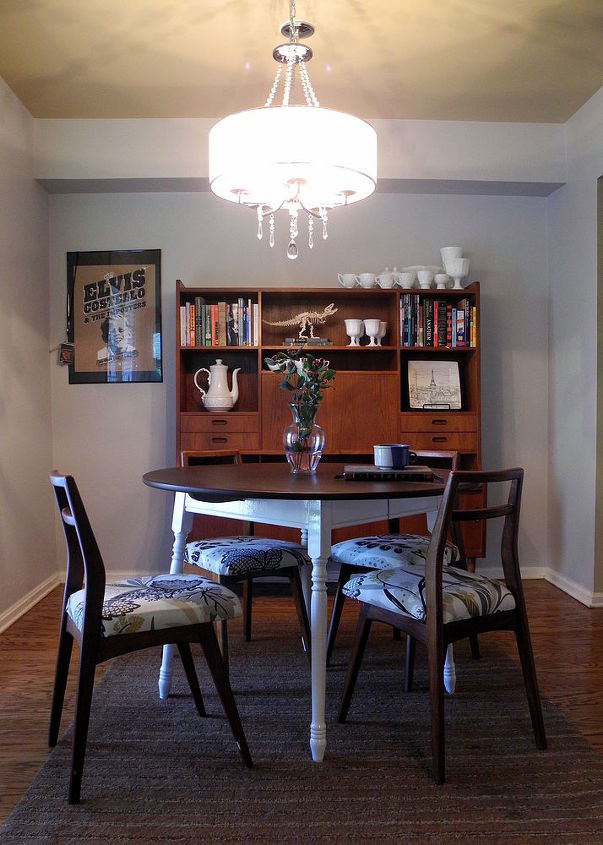 dining room makeover with gray walls and new drum shade chandelier, dining room ideas, home decor, lighting, The new fabric is Fishbowl by Waverly in Caviar