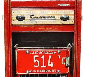 upcycled retromoto vanity lit custom red nightstand side table, painted furniture, repurposing upcycling, A vintage Illinois license plate ties right in with the color pattern
