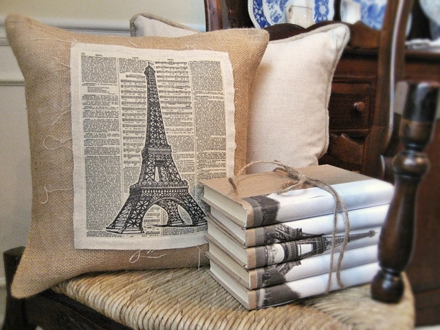 readers favorites fun amp easy projects using burlap, crafts, home decor, wreaths, Vintage burlap and linen Eiffel Tower pillow with link to free graphic in my blog