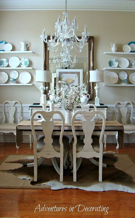 our summer dining room, dining room ideas, home decor, painted furniture, We added inexpensive floating shelves from Lowe s to our wall easy project and a great way to be able to showcase your pieces