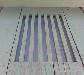 my custom gardening bench, container gardening, gardening, outdoor furniture, outdoor living, painted furniture, He added this grate that I set my pots on when adding dirt