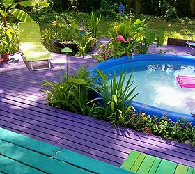 purple paradise, decks, home decor, outdoor living, painting, porches, better view of 12 blowup pool i fixed the hose from pump to flow above the waterline to be able to hear the water bubbling