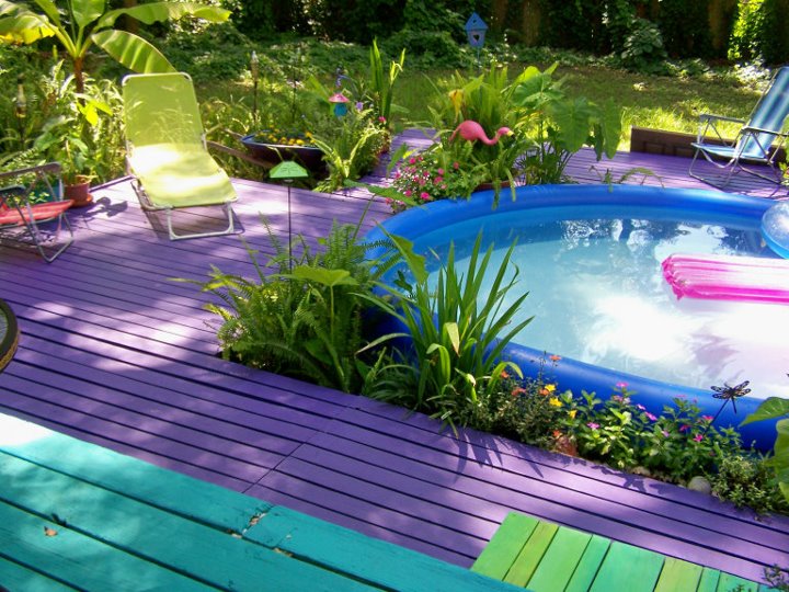 purple paradise, decks, home decor, outdoor living, painting, porches, better view of 12 blowup pool i fixed the hose from pump to flow above the waterline to be able to hear the water bubbling