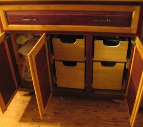 purple heart and birch cabinet, showing the shelf and pullout bins