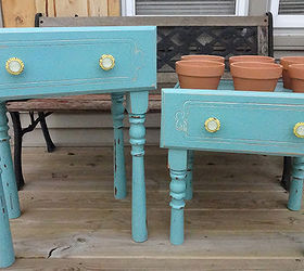 old drawers turned into planter boxes, We assembled them and I painted distressed and added fun knobs