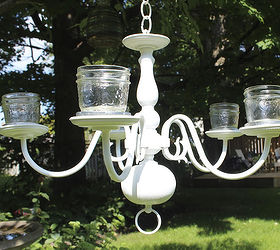 add some romance and atmosphere to your garden with a chandelier, gardening, outdoor living, This old brass chandelier was picked up for 2 at a recent yard sale and spray painted glossy white