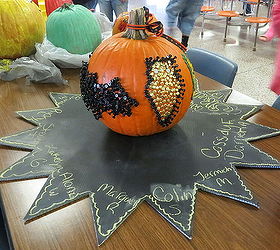 decorate a pumpkin for halloween with thumbtacks, chalk paint, chalkboard paint, crafts, halloween decorations, seasonal holiday decor, An owl completes our design