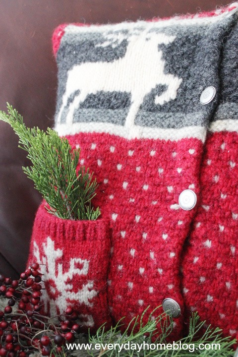 4 goodwill christmas sweater turned into pillows, christmas decorations, repurposing upcycling, seasonal holiday decor, I decided to keep the little pockets on the front I thought they would be cute with sprigs of cedar or possibly secret notes from Santa