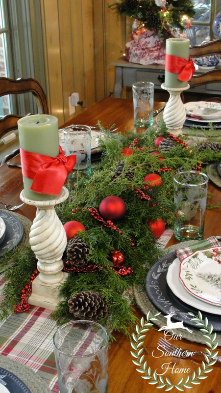 french country casual christmas tablescape, christmas decorations, seasonal holiday decor, Chalk painted candlesticks make the space feel new and bright
