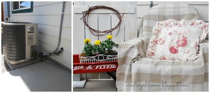 no money diy air conditioner screen, diy, how to, outdoor living, Instead of an unsightly a c unit we now see a charming seating area See the link for the complete tutorial