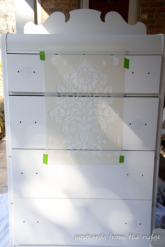 chest of drawers gets old world makeover with stencil crackle finish, painted furniture, I used a large damask stencil from Royal Design Studio for the design