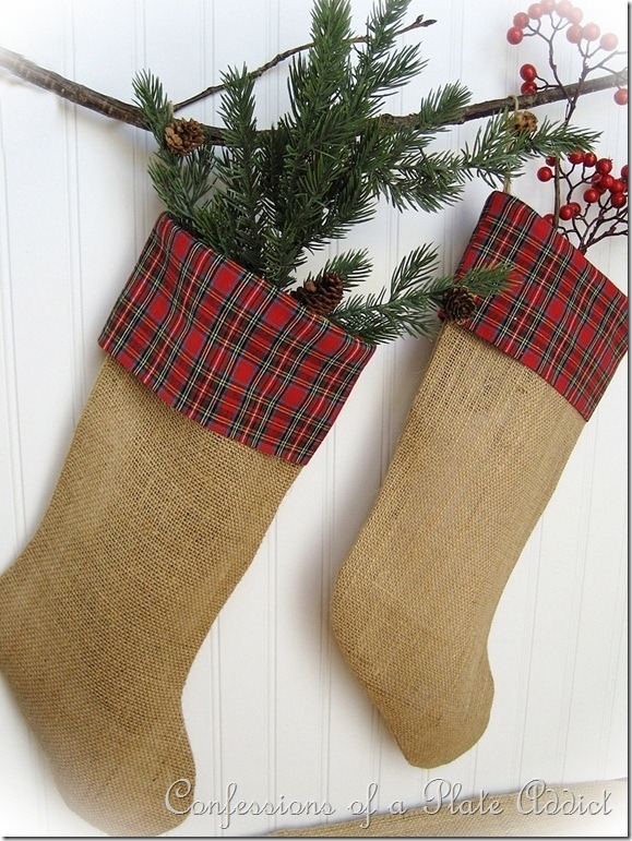 readers favorites fun amp easy projects using burlap, crafts, home decor, wreaths, Burlap and plaid Christmas stockings