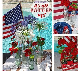 patriotic table decor it s all bottled up, outdoor living, patriotic decor ideas, repurposing upcycling, seasonal holiday decor, A Patriotic color scheme is enhanced by the use of vintage soda bottles with red white and blue labels and matching flowers that look like fireworks