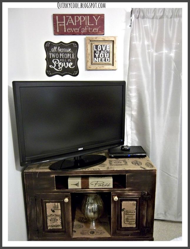design on a dime rustic glam bedroom stage 1, bedroom ideas, home decor, painted furniture, rustic furniture, A t v console we ve had forever I redid with burlap and new knobs I distressed it because I wanted it to look as if it came out of a winery The burlap is wine labels