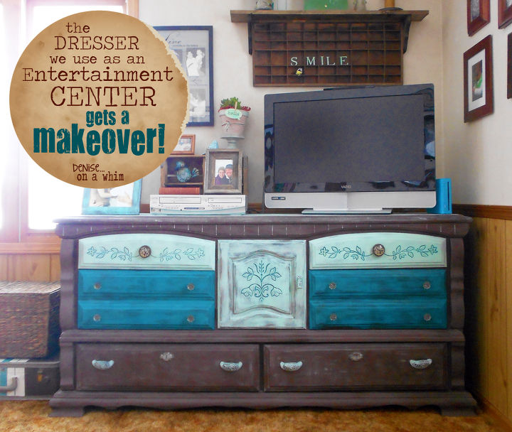 dresser entertainment center makeover, painted furniture, Our fantastic new entertainment center led to many more projects around my living room too Like the printer s tray shelf above the tv