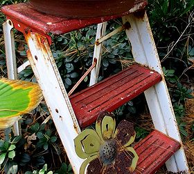 repurposing in the garden, gardening, repurposing upcycling, old metal step ladder with a clay saucer and a cast iron bird equals a 5 minute birdbath