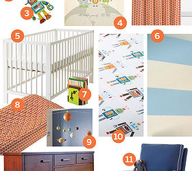 boys robot themed nursery mood board, bedroom ideas, home decor, painting, This Robot themed boy s nursery mood board in Orange and blue with hints of green includes finds from Land of Nod Pottery Barn Kids Ikea Minted