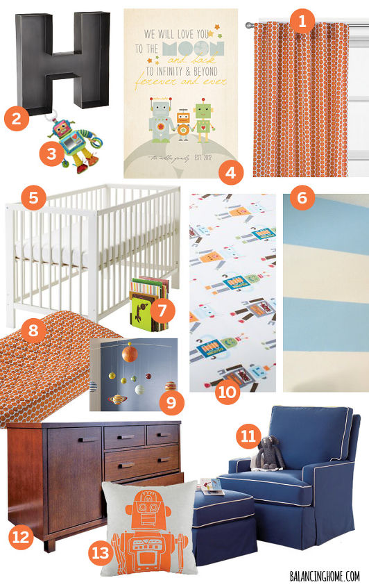 boys robot themed nursery mood board, bedroom ideas, home decor, painting, This Robot themed boy s nursery mood board in Orange and blue with hints of green includes finds from Land of Nod Pottery Barn Kids Ikea Minted