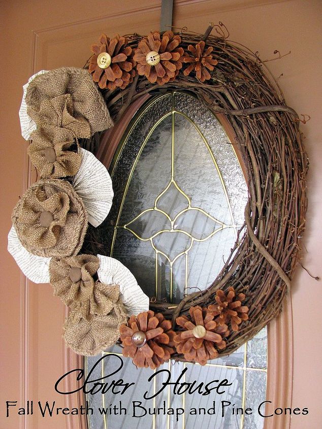 fall wreath with pine cones and burlap, crafts, flowers, seasonal holiday decor, wreaths, Our new Fall wreath
