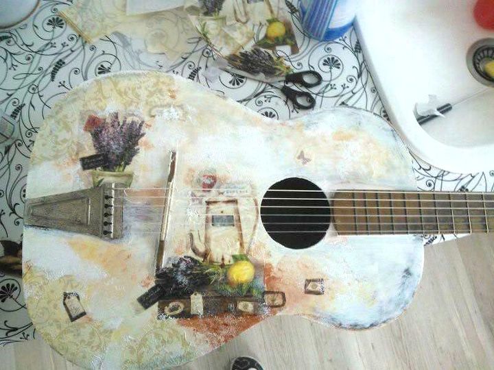 how i decoupaged my husband s guitar, crafts, decoupage, painting, Now