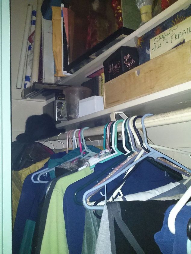 q small closet storage problems, closet, organizing, storage ideas, my overly stuffed closet