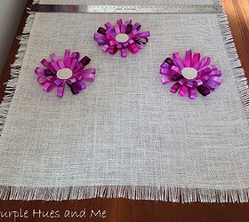 no sew loopy ribbon flower burlap tablerunner, crafts, Position the finish flower tops where you want them to be on the burlap overhang and measure and cut green ribbon stems