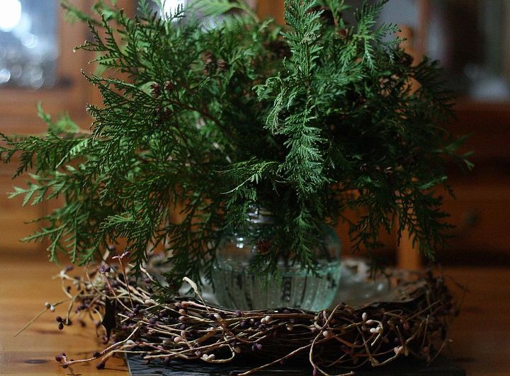 convert your evergreen centerpiece to a new year s centerpiece, christmas decorations, seasonal holiday d cor, Fresh evergreens from the yard in a vintage vase with metal frog