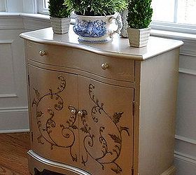 cabinet makeover with martha stewart metallic paint, painted furniture, Used MS Metallic in Golden Pearl and painted around the leaf and vine motif