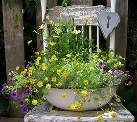 sitting pretty in the garden, gardening, repurposing upcycling, Marie Niemann s sensational chair chippy flowery and with her signature a key inside a heart