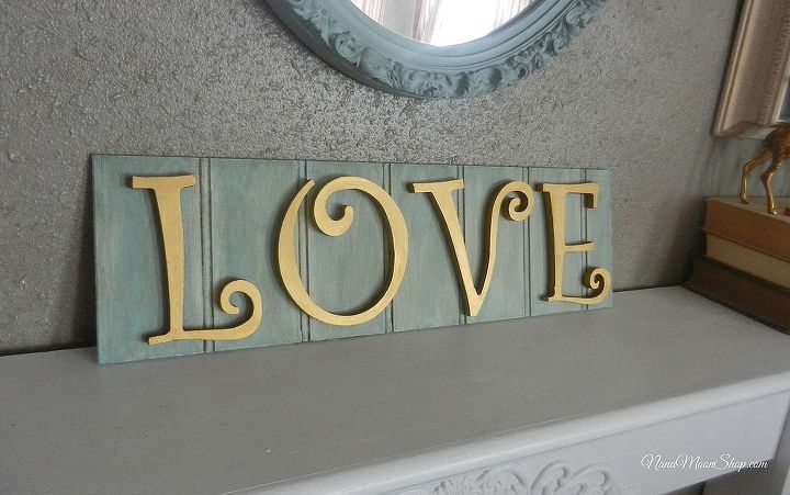 love sign on scrap beadboard, crafts, valentines day ideas, I used acylic craft paint on the beadboard and then applied a glaze to antique it