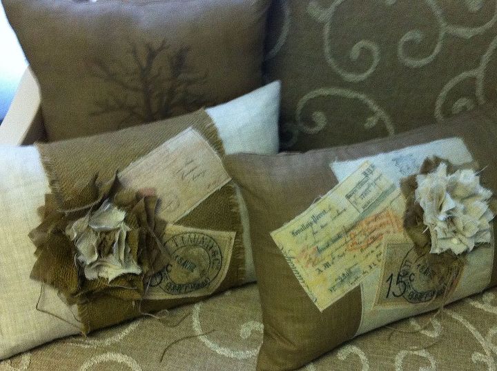 shabby french pillows, crafts, home decor, The pillow in the back with the tree is my first attempt at citrasolv