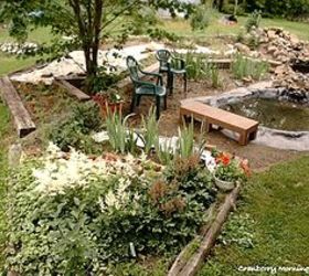 making an inexpensive garden pond, outdoor living, perennial, ponds water features, Next came the RR ties to outline a raised flowerbed that would surround the pond The kids helped haul in soil and then I started planting perennials My blog post lists the plants that are in my pond garden