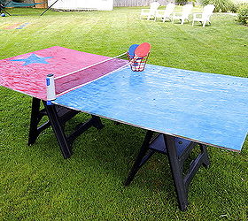 diy backyard games, outdoor living, painting, I used the leftover spray paint from a nightstand I d painted recently I ran out of red so using some blue painter s tape I made a quick star and filled it in with the blue to hide the blank spot