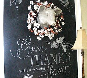 creating a large chalkboard wall, seasonal holiday d cor, I decided to hang Cleetus my farmhouse pig sold in my online shop but you can leave yours plain or hang a grouping of plates etc