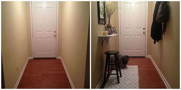 small and narrow entryway update, foyer, home decor, Here is the before and after of my entryway space Before it was cold and uninviting After it is now a warm and welcoming space