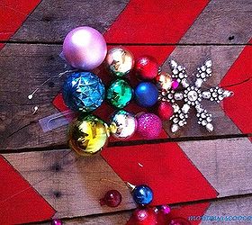 how to make a chevron pallet ornament christmas tree, crafts, pallet, seasonal holiday decor, Place your top ornament star Draw a triangle on your pallet to mimic Christmas tree and begin placing your bulbs inside the triangle using a hot glue gun