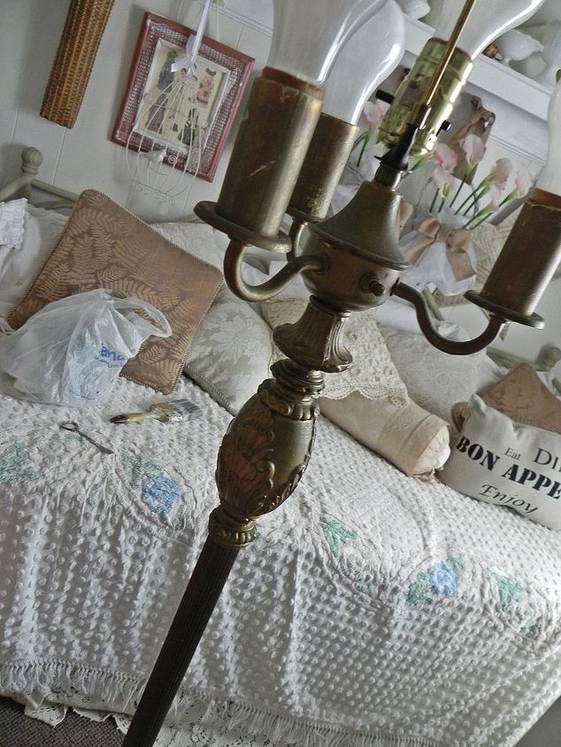 diy vintage decor, home decor, An old antique lamp still in working order We are going to use this for the unity candle adjustments were made to protect the electrical parts hot glue adheres the insulators and plate so all can quickly be removed to restore light