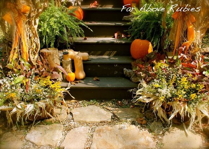 organic fall porch in the country, outdoor living, seasonal holiday decor, Farm baskets filled with wildflowers weeds branches and corn shucks replace mums as a fall accent