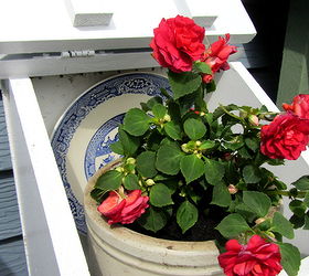 a re purposed country potato amp onion bin, container gardening, gardening, repurposing upcycling, Added a a plate and an old crock planted with a double impatiens