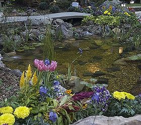 its garden and home show season in colorado, outdoor living, ponds water features, Highlighted by underwater lighting this crystal clear pond is showcased at the Colorado Home show It has a bridge over the stream cascading into it