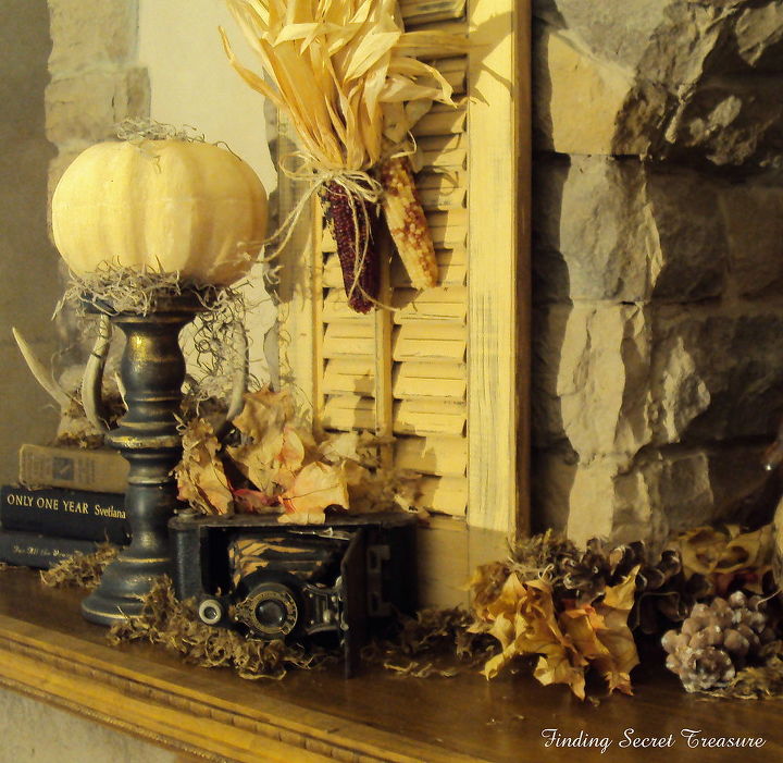 my fall mantel, fireplaces mantels, seasonal holiday decor, I mixed some paint so the shutters and pumpkins would match
