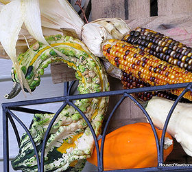 fun fall porch inspiration, outdoor living, repurposing upcycling, seasonal holiday decor, I added some gourds and a bushel basket lid to a planter box
