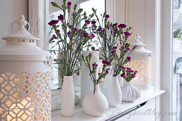 mid winter mantel decoration, crafts, flowers, seasonal holiday decor, Colorful flowers and white vases bring light and liveliness to your winter decor