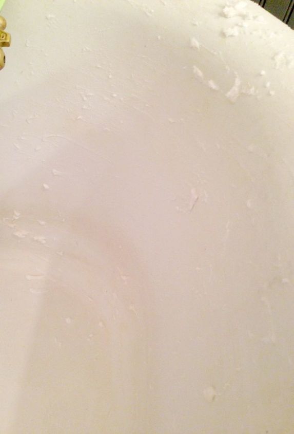 how to safely clean a porcelain tub and remove stubborn stains, bathroom ideas, cleaning tips, These are some of the dingy stains that I get sometimes Mostly an icky water ring stain which is caused from hardwater and soap residue
